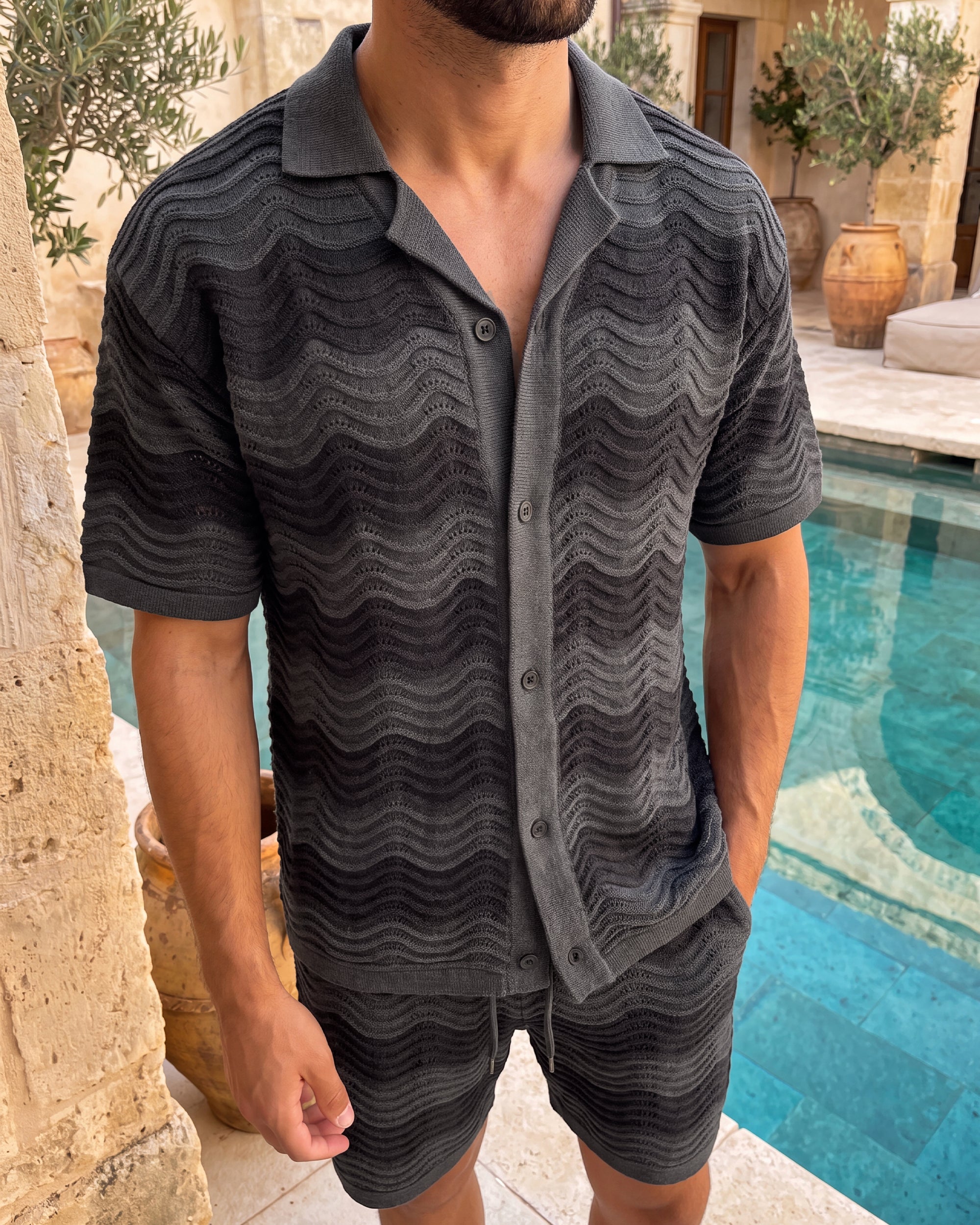 VÉLA CHEVRON KNIT SHIRT - CHARCOAL